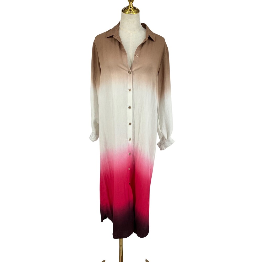 Ombre Shirt Dress Tan Pink Button Front Maxi Gradient Minimalist Chic Art Deco S - Picture 2 of 9